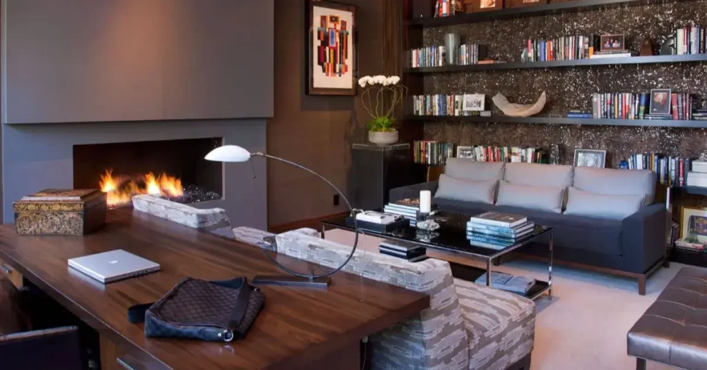 Masculine Office 2024: 20+ Tips for Creating a Stylish Workspace 5 woody office with fireplace