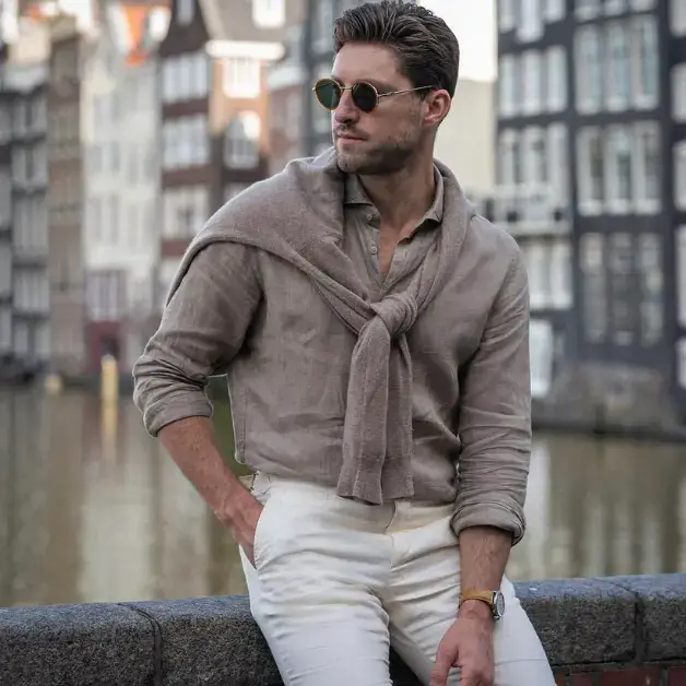 Old Money Men's Fashion 2024: 30 Outfit Ideas You'll LOVE 22 linen shirt with cashmere sweater